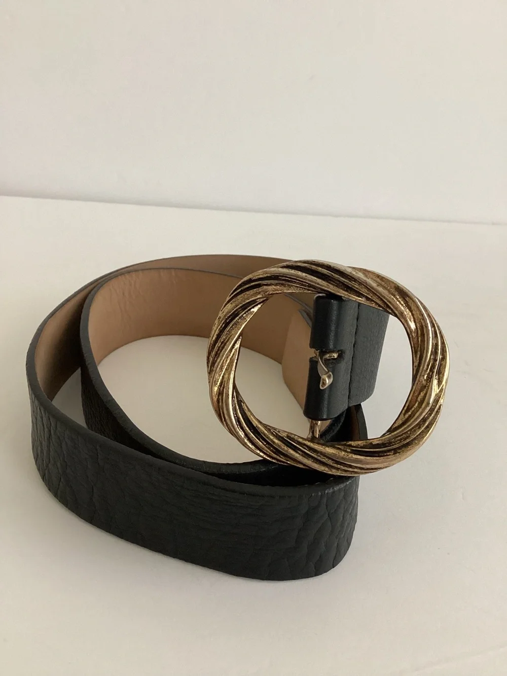 B-Low The Belt Black Leather Wide Waist Belt Twisted Gold Statement Buckle